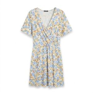 Fensace Floral Faux-Wrap Mini Dress Blue Yellow Stretchy Short Sleeve XL